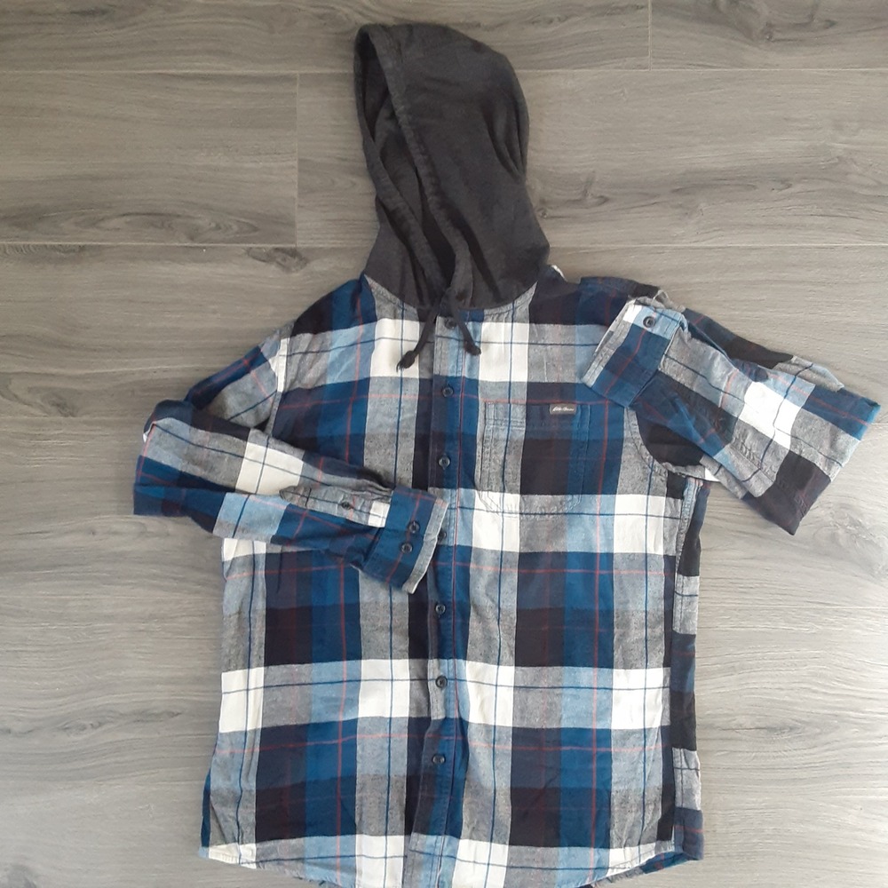 Eddie Bauer Mens L Hooded Flannel Shirt Blue Black Plaid Cotton D3767068 Fall 17